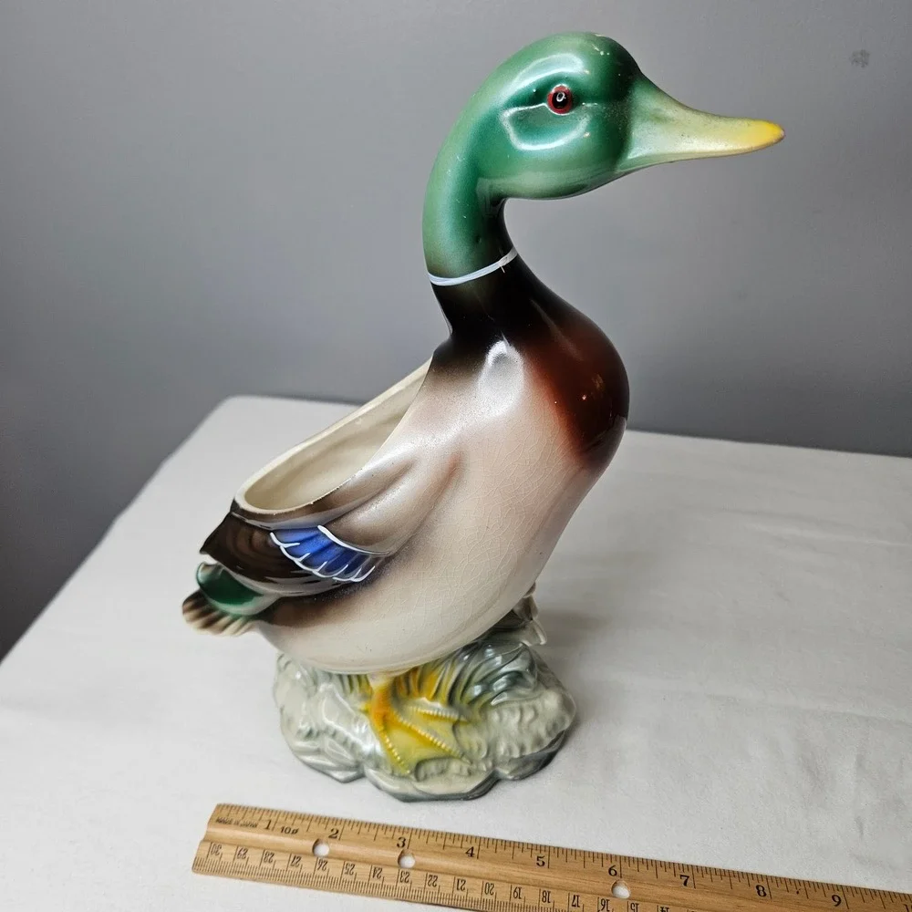 Vtg Mallard Duck Ceramic Planter Vase‎ Figurine Green Head Wildlife Decor 10.25